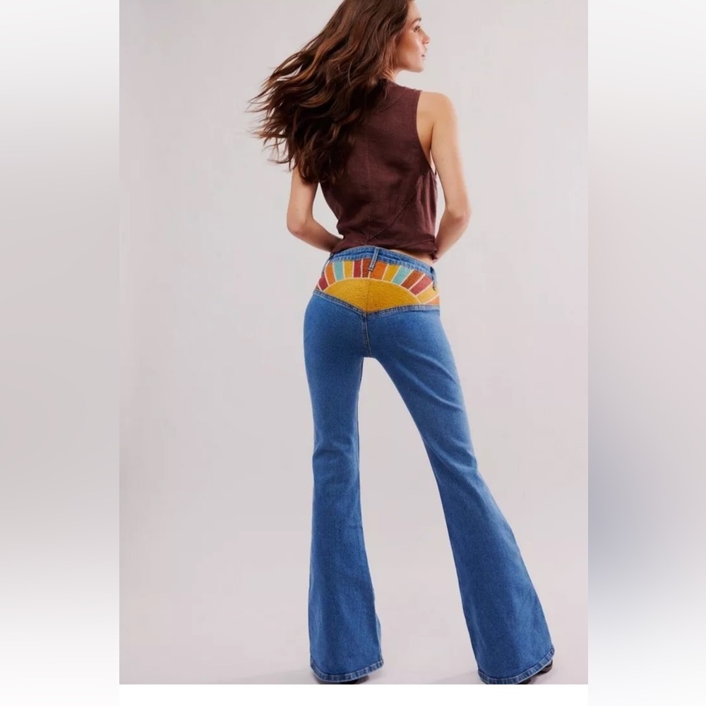 Free People Driftwood Farrah Embroidered Flare Sun Blue Brown Gold